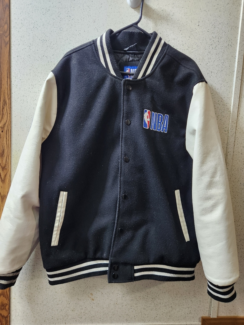 Vintage NBA Letterman Varsity Jacket Black Wool White Leather Men's XL Clean